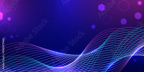 High-tech abstract background featuring glowing neon digital waves featuring glowing neon blue and purple light.
