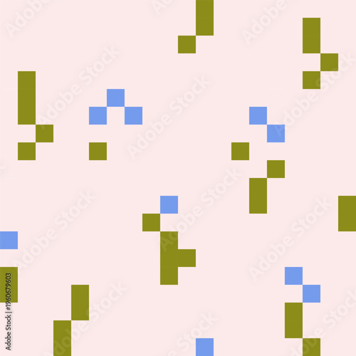 8 bit, broken pixel art pattern, seamless background. Retro 8bit digital texture with squared pixelart flowers. Endless abstract print for textile, wrapping design. Colored flat vector illustration