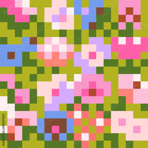 8bit pixel art pattern, seamless background design. Digital 8 bit, broken screen texture with bright squared pixelart flowers, grid. Endless bitmap, repeating print. Colored flat vector illustration