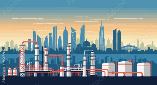 Industrial plant with city skyline at sunset