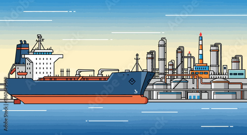 Industrial cargo ship docked at factory port