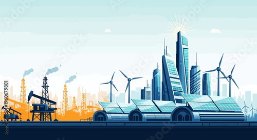Sustainable Cityscape with Solar Panels and Wind Turbines