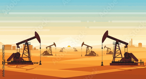 Oil rigs in desert landscape at sunset