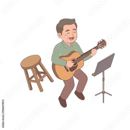 A man enthusiastically plays an acoustic guitar while sitting next to a stool and music stand.
