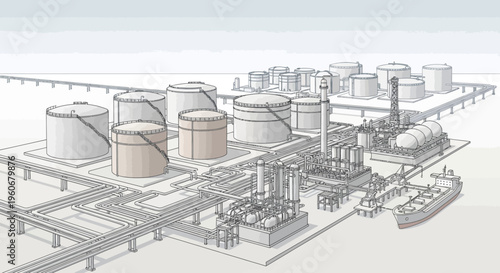 Industrial oil refinery with storage tanks and pipelines