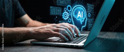 Ai development and implementation remote work environment digital content creation virtual workspace close-up perspective technology revolution