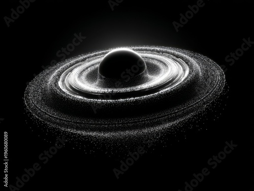 3D particle-based digital wave ripple floating around a black sphere in space