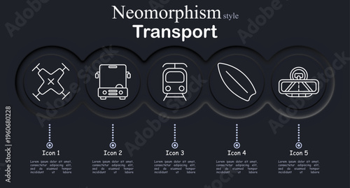 Transport set icon. Neomorphic dark interface circles with line symbols of quadcopter drone, city bus vehicle, subway train front, surfboard water sport, cable car gondola