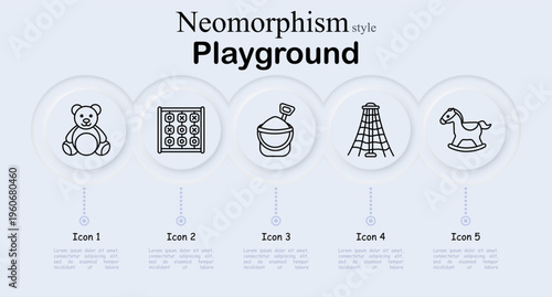 Playground recreation set icon. Teddy toy, tic tac toe board, sand bucket shovel, climbing net, rocking horse, children playground, outdoor activity, kindergarten entertainment, park play