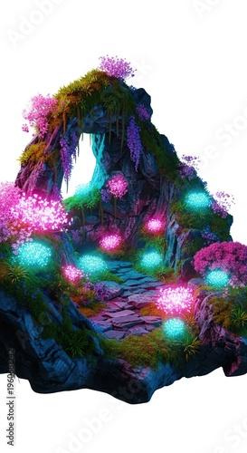 Enchanting Fantasy Landscape with Glowing Lights and Blossoms.