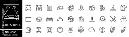Auto service and garage web icons. Car, automobile, wash, maintenance, engine, diagnostic, rapair, tire. Editable stroke. Vector illustration