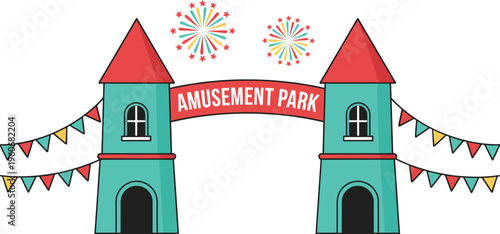 Colorful vector illustration of festive amusement park entrance with towers, fireworks, and decorative flags representing fun and celebration