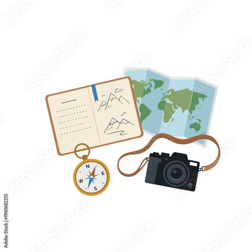 Travelers plan adventure with map, journal, compass, and camera equipment