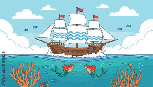 Colorful vector illustration of sailing ship with white sails, mermaids, coral reef, and ocean scene blending fantasy and adventure