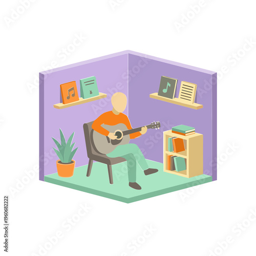 Person sitting indoors playing guitar on chair next to plant and books