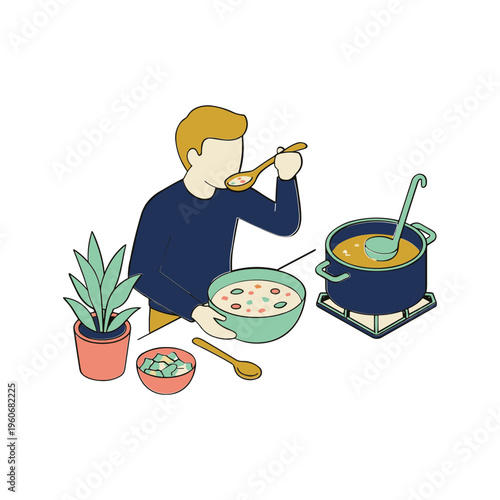 Man eating soup from bowl next to pot on stove with plant