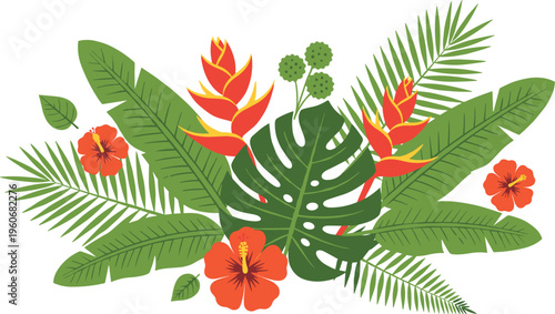 Colorful vector illustration of tropical leaves and flowers including monstera, palm fronds, banana leaves, hibiscus, and heliconia