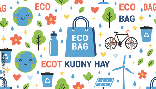Colorful vector illustration promoting eco-friendly living with recycling, renewable energy, bicycles, reusable bags, and smiling Earth symbols