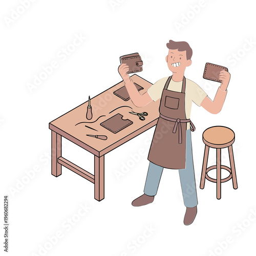 Man holds leather pieces in workshop with tools on table