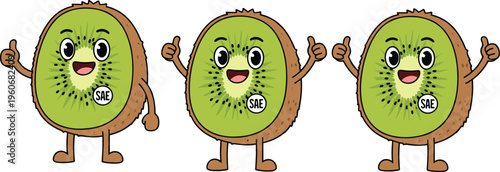 Playful vector illustration of cartoon kiwi fruits with smiling faces, thumbs up gestures, and colorful promotional design elements