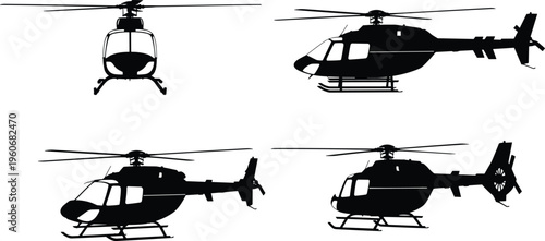 Vector illustration of black helicopter silhouettes showing front and side views with rotor and tail design variations