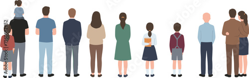 Vector illustration of diverse group of adults and children standing together from behind representing family and school community