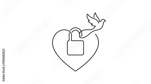 Forgiveness Frees Continuous Single Line Art Heart Lock Opening Dove Flying Out Minimalist Vector Illustration