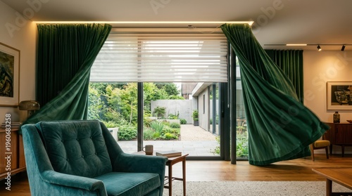 A synchronized movement of motorized velvet curtains and sheer blinds on a large window, with interior light adjusting to compensate for natural light.