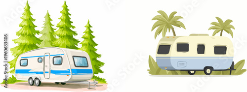 Camping Adventure: Modern Caravan Trailer in Scenic Forest