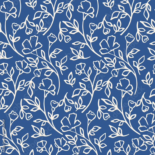 Seamless floral pattern, abstract ditsy print of hand drawn wild plants. Sketch motif botanical design, texture of line art branches, small white flowers, leaves, blue background. Vector illustration.