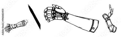 Sketchbook style drawing of a 3D-printed prosthetic arm, medical innovation theme, loose ink strokes, white background. set with simple line art design featuring line art, illustrations, graphic re...