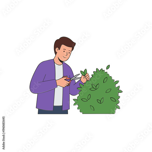 Man trimming green bush with scissors in garden outdoors
