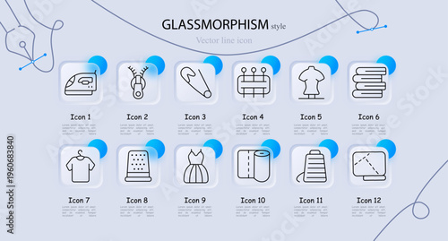 Tailoring icon. Yarn ball, measuring tape, pincushion, crossed rulers, scissors, shirt pattern, sewing machine, needle thread, spool, button, hanger, fabric roll. Fashion design, clothing production