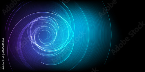 Abstract vector spiral energy wave with glowing lines blue green in concept quantum, science, technology, space on black background	