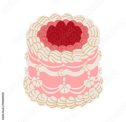 Cake in modern vintage style. Coquette pink dessert with whipped cream decora...