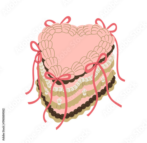 Heart-shaped cake in modern vintage style. Coquette sweet dessert for Valenti...
