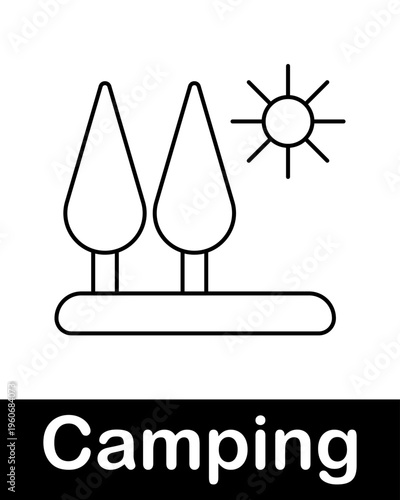 Camping Landscape with Trees and Sun Icon Outdoor Nature Scene Minimal Line Vector Illustration