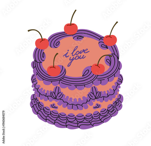 Vintage coquette cake design with cream piping, cherry berry decoration. Roma...