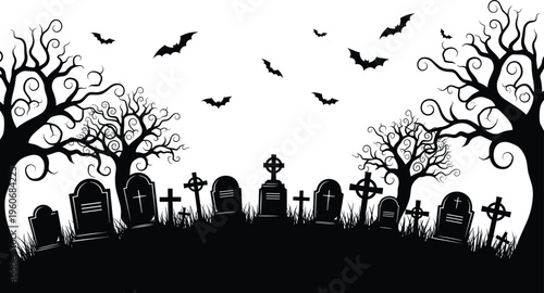 Spooky Halloween graveyard silhouette with old tombstones, creepy dead trees, flying bats, and cemetery crosses on white background for seasonal party invitation and dark backgrounds
