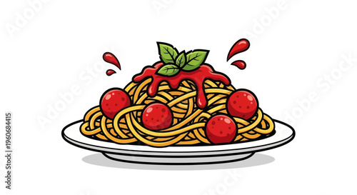 Delicious Spaghetti with Meatballs and Tomato Sauce, Italian Food Illustration