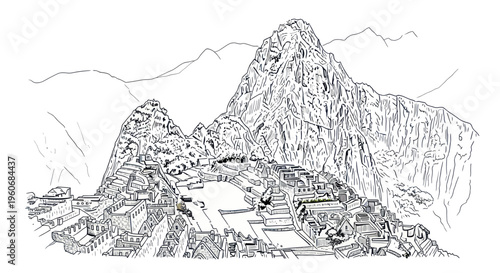Machu Picchu Ink Drawing: Ancient Inca Citadel in Peruvian Andes Mountains