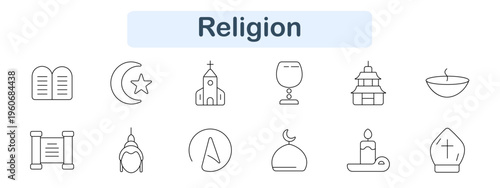 Religion set icon. Tablets, crescent star, church, chalice, pagoda, bowl, scroll, praying figure, arrow symbol, mosque dome, candle, bishop hat. Faith ritual, spiritual symbol visuals