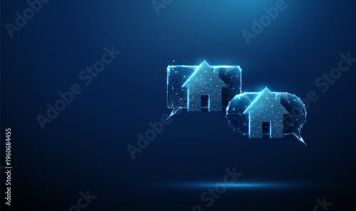 3d two speech bubbles with home icons Real estate communication, rental negotiation, housing chat, buyer and seller interaction, landlord and tenant messaging concept.