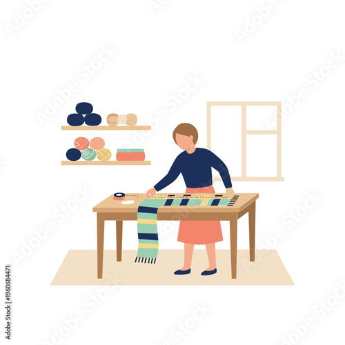 Woman knitting colorful striped scarf at wooden table in cozy room