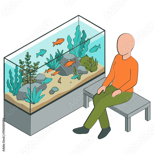 Man sitting next to aquarium with fish and plants in it indoors