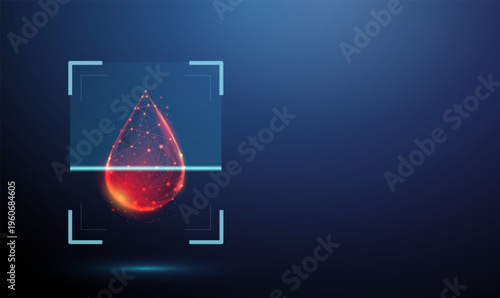 Blood drop inside digital scanning frame. Hematology analysis, blood composition examination, disease detection, infection screening, clinical diagnostics, medical testing concept