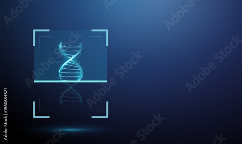 3d blue DNA helix inside scanning frame with moving scan line. Genetic analysis process, genome sequencing workflow, molecular diagnostics, nucleotide identification concept.