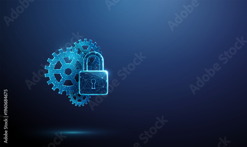 3d blue gears with padlock. System security, operational control, access protection, workflow safeguarding, process monitoring, secure mechanism management concept.