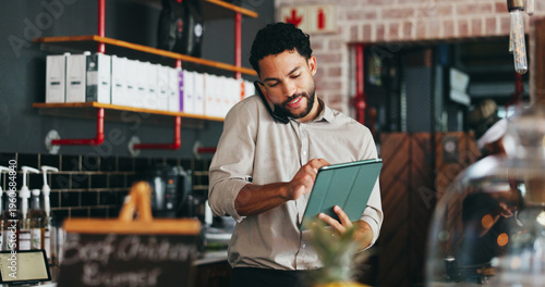 Tableau sur toile Phone call, conversation and man on tablet in restaurant for online orders, inventory delivery and schedule