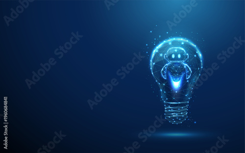 3d blue cute robot inside light bulb. Smart innovation, intelligent assistant concept, creative automation, solution generation, futuristic idea development concept